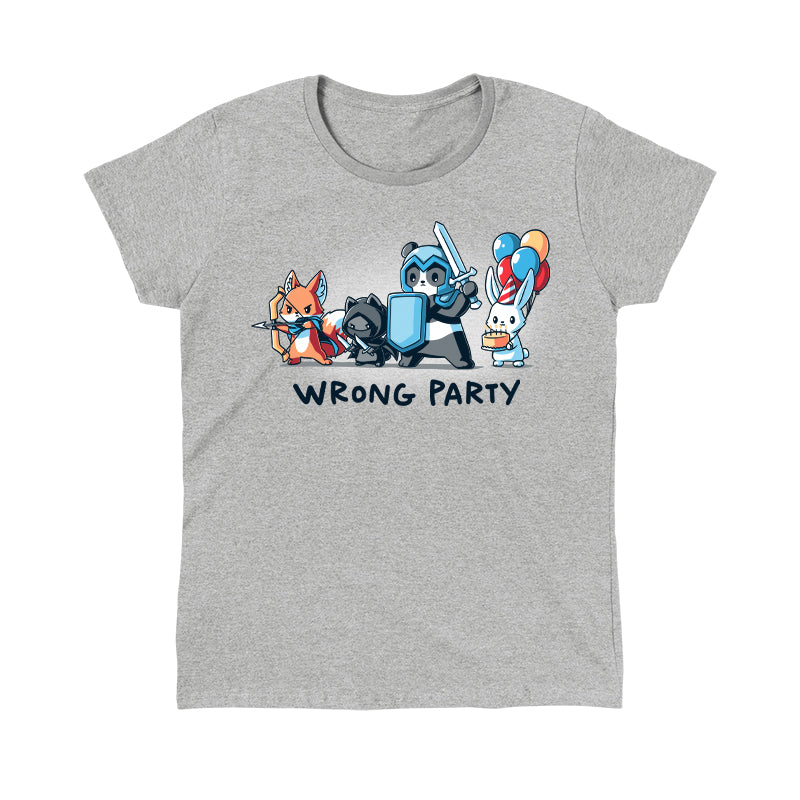 Classic Cotton T-shirt_A group of cartoon animals dressed as an archer fox, ninja cat, knight panda, and a rabbit holding balloons and cake. Text below reads "WRONG PARTY." This whimsical scene is printed on a monsterdigital Wrong Party apparel made from super soft ringspun cotton. Unisex apparelavailable.