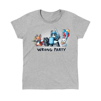 Classic Cotton T-shirt_A group of cartoon animals dressed as an archer fox, ninja cat, knight panda, and a rabbit holding balloons and cake. Text below reads "WRONG PARTY." This whimsical scene is printed on a monsterdigital Wrong Party apparel made from super soft ringspun cotton. Unisex apparelavailable.