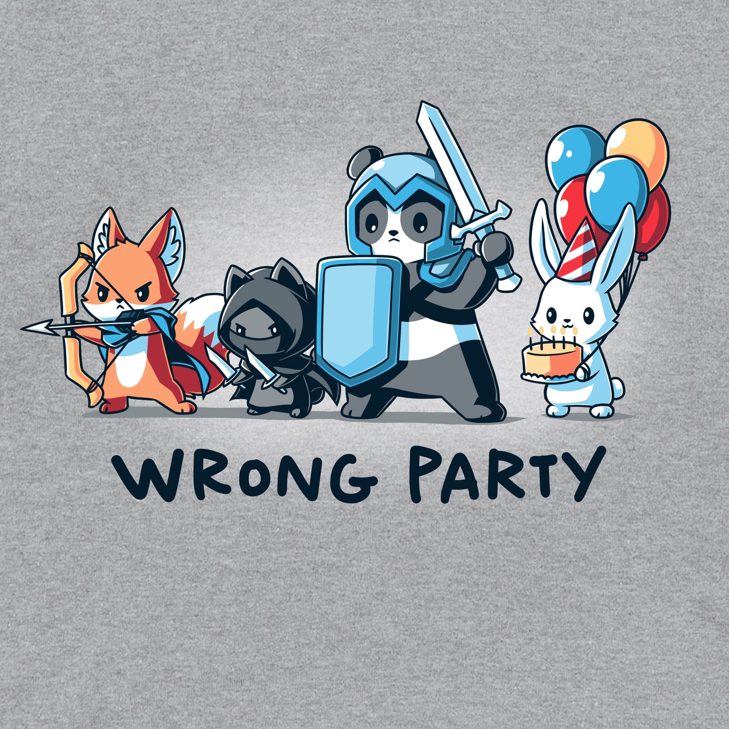 Crew Neck Sweatshirt_A group of cartoon animals dressed as an archer fox, ninja cat, knight panda, and a rabbit holding balloons and cake. Text below reads "WRONG PARTY." This whimsical scene is printed on a monsterdigital Wrong Party apparel made from super soft ringspun cotton. Unisex apparelavailable.