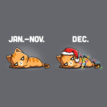 Classic Cotton T-shirt_TeeTurtle charcoal gray Year-Round Grump apparel featuring a cat that's grumpy from January to November, and a cat that's grumpy in December with a Santa hat and Christmas tree lights.