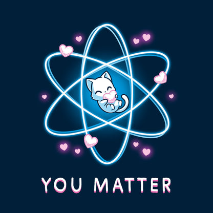 Classic Cotton T-shirt_TeeTurtle You Matter navy blue t-shirt featuring a cat hugging a heart, surrounded by an atomic structure.