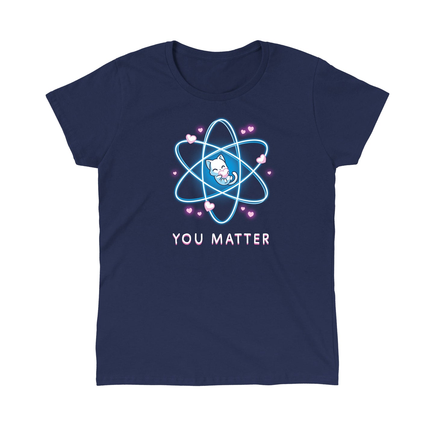 Classic Cotton T-shirt_TeeTurtle You Matter navy blue t-shirt featuring a cat hugging a heart, surrounded by an atomic structure.