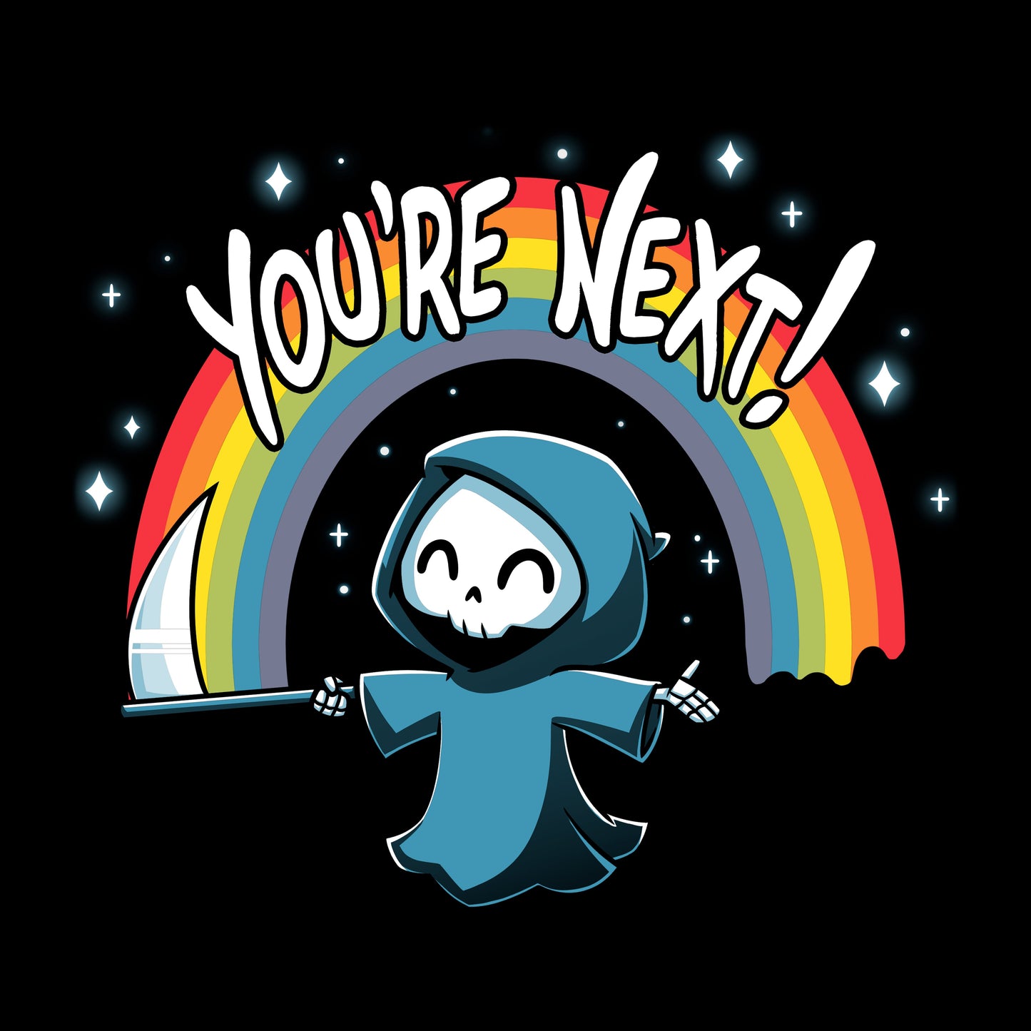 Classic Cotton T-shirt_TeeTurtle You're Next! black t-shirt featuring a cheerful Grim Reaper with a scythe under a rainbow and the text "You're Next!" 