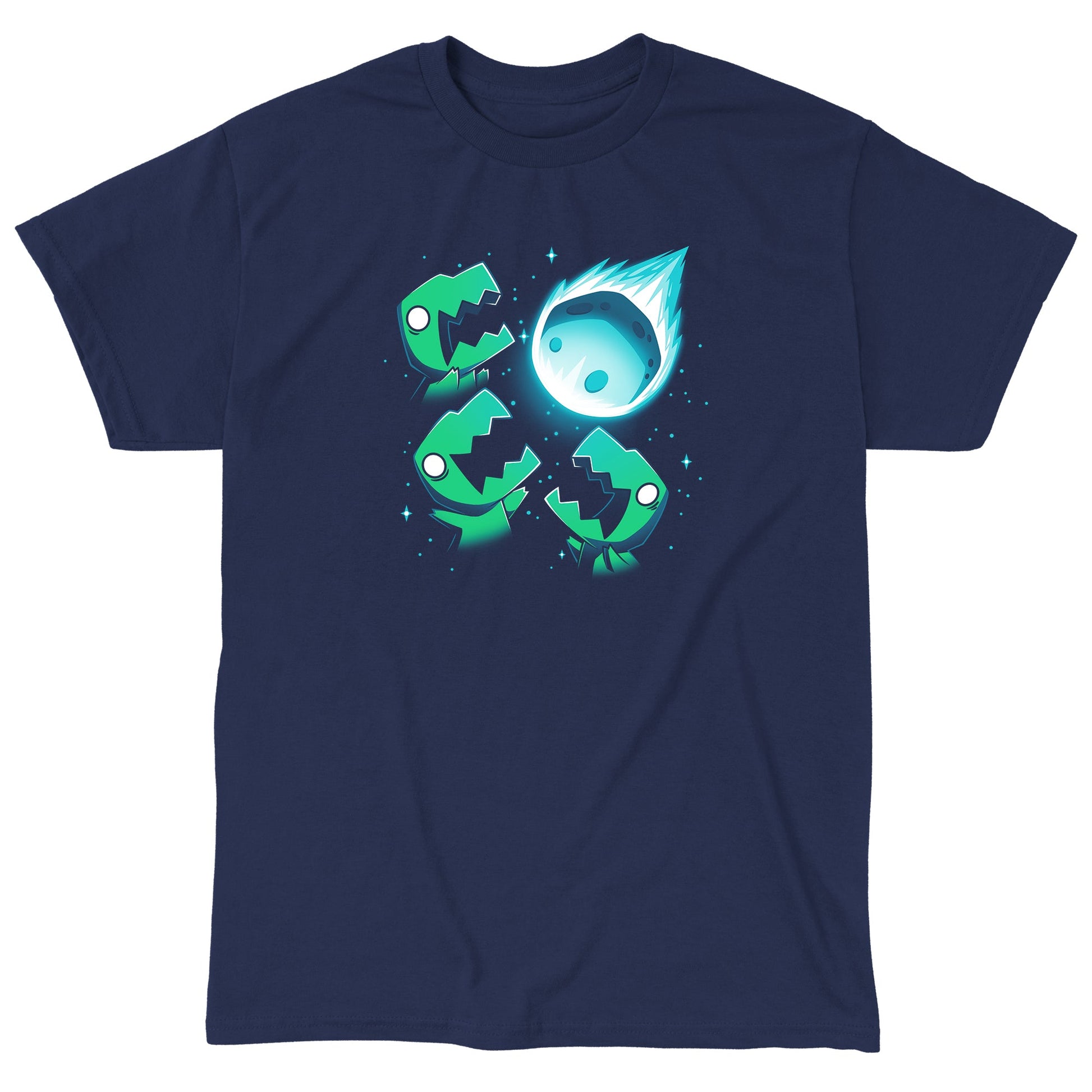 Classic Cotton T-shirt_TeeTurtle 3 T-Rex Asteroid navy blue t-shirt featuring Three dinosaurs look up at a glowing meteor tearing through a starry night sky.