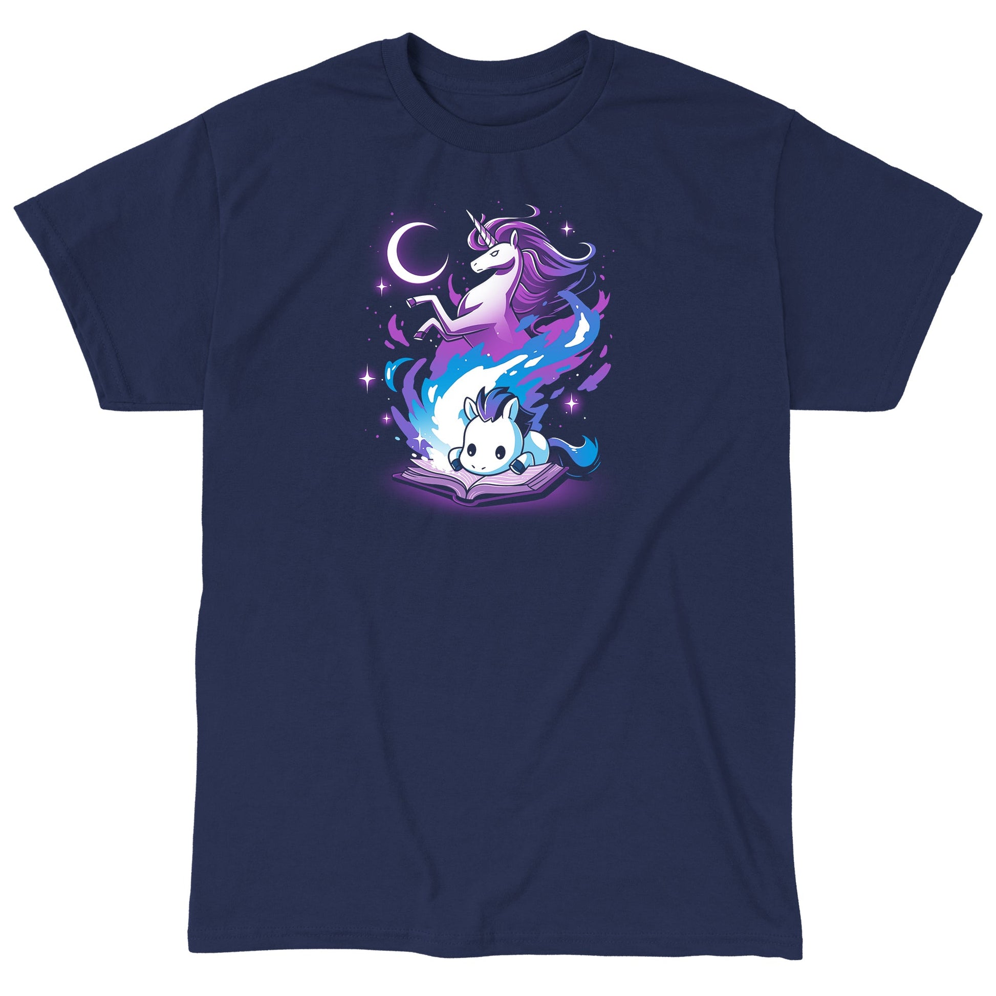 Classic Cotton T-shirt_TeeTurtle A Magical Tale navy blue t-shirt featuring an imaginative young horse reading a book with a magical unicorn in the background.