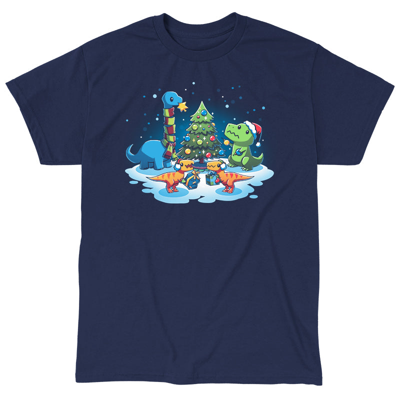 Classic Cotton T-shirt_TeeTurtle A Very Dino Christmas navy blue t-shirt featuring dinosaurs celebrating around a decorated Christmas tree with snow on the ground and dinosaurs holding presents.