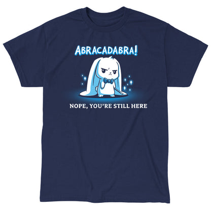 Classic Cotton T-shirt_TeeTurtle Abracadabra navy blue t-shirt featuring a serious-looking white rabbit wearing a bow tie and holding a magic wand 