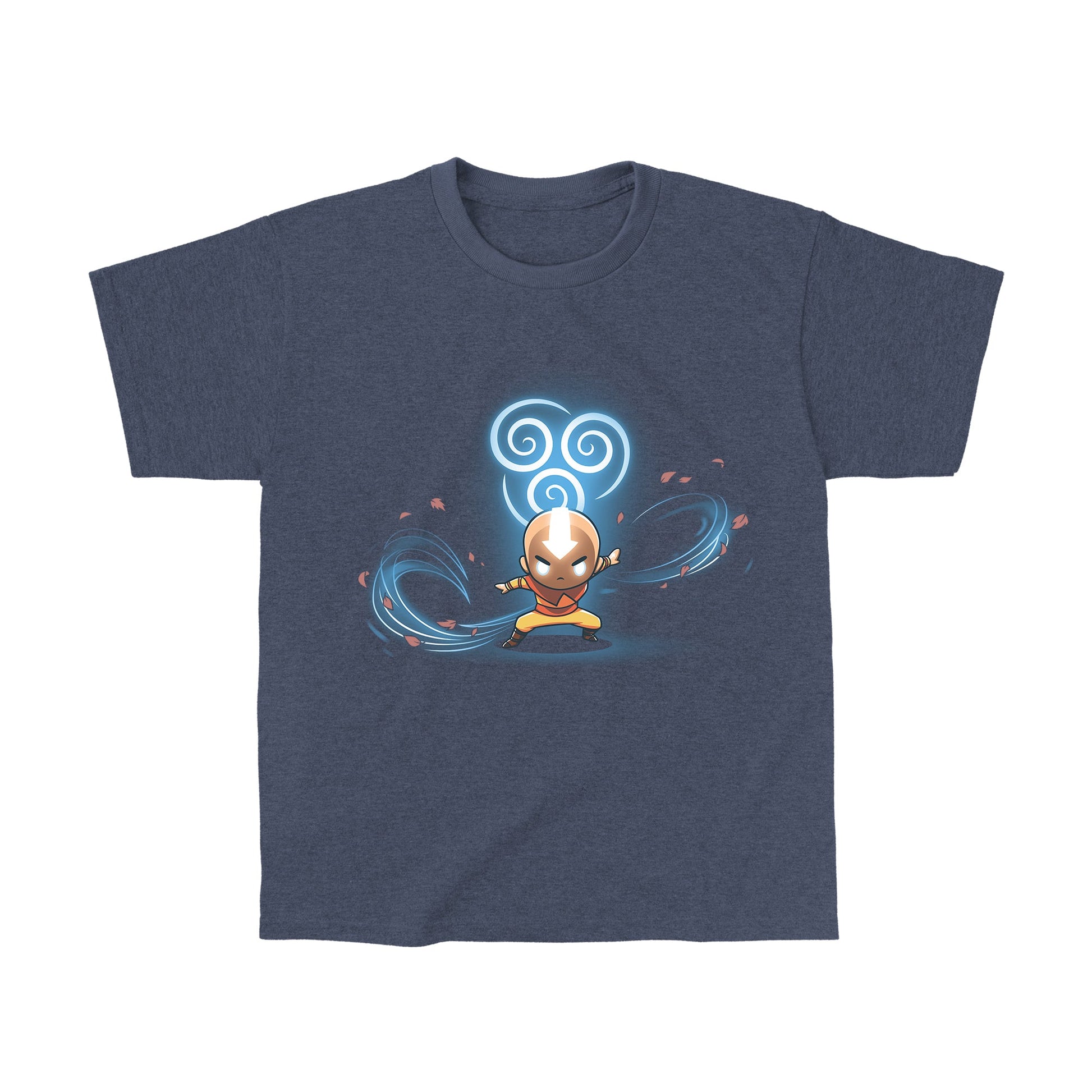 Classic Cotton T-shirt_TeeTurtle heather navy Air Nomads apparel featuring Aang in Avatar state with the air symbol and swirling winds in the background.