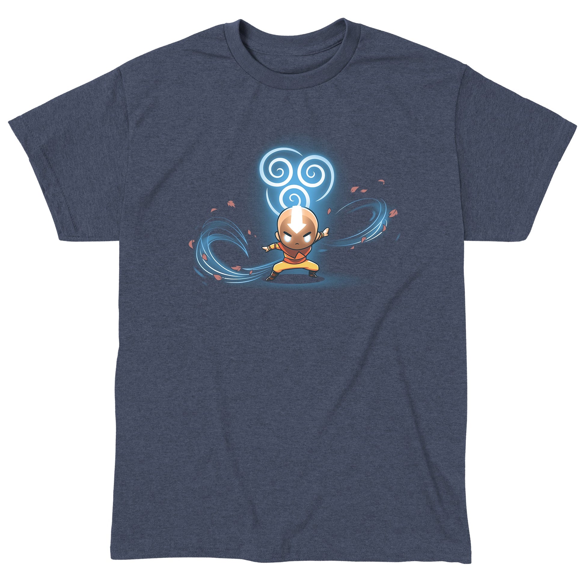 Classic Cotton T-shirt_TeeTurtle heather navy Air Nomads apparel featuring Aang in Avatar state with the air symbol and swirling winds in the background.