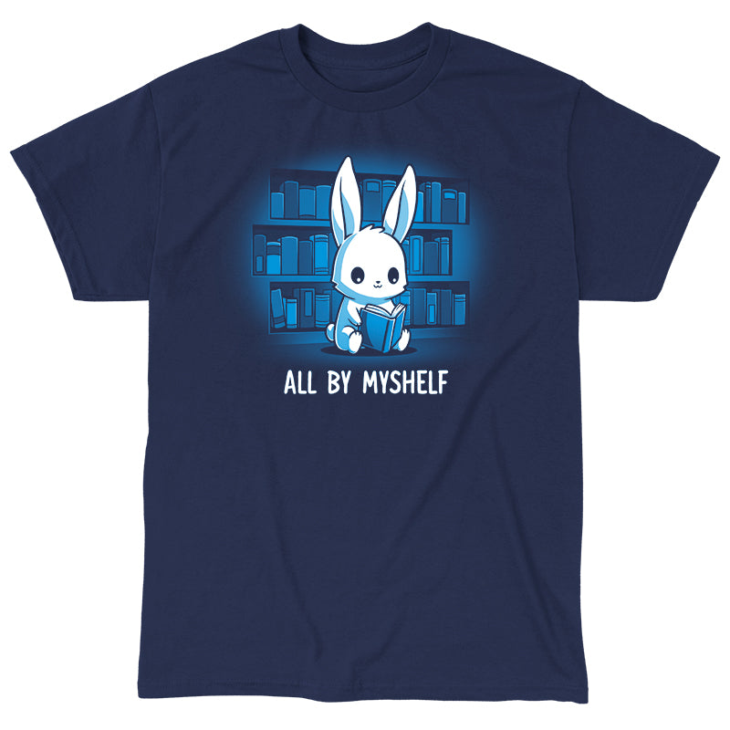 Classic Cotton T-shirt_TeeTurtle All By MyShelf navy blue t-shirt featuring a cute white rabbit sitting in front of bookshelves, reading a book, with the text "All By MyShelf" written below.