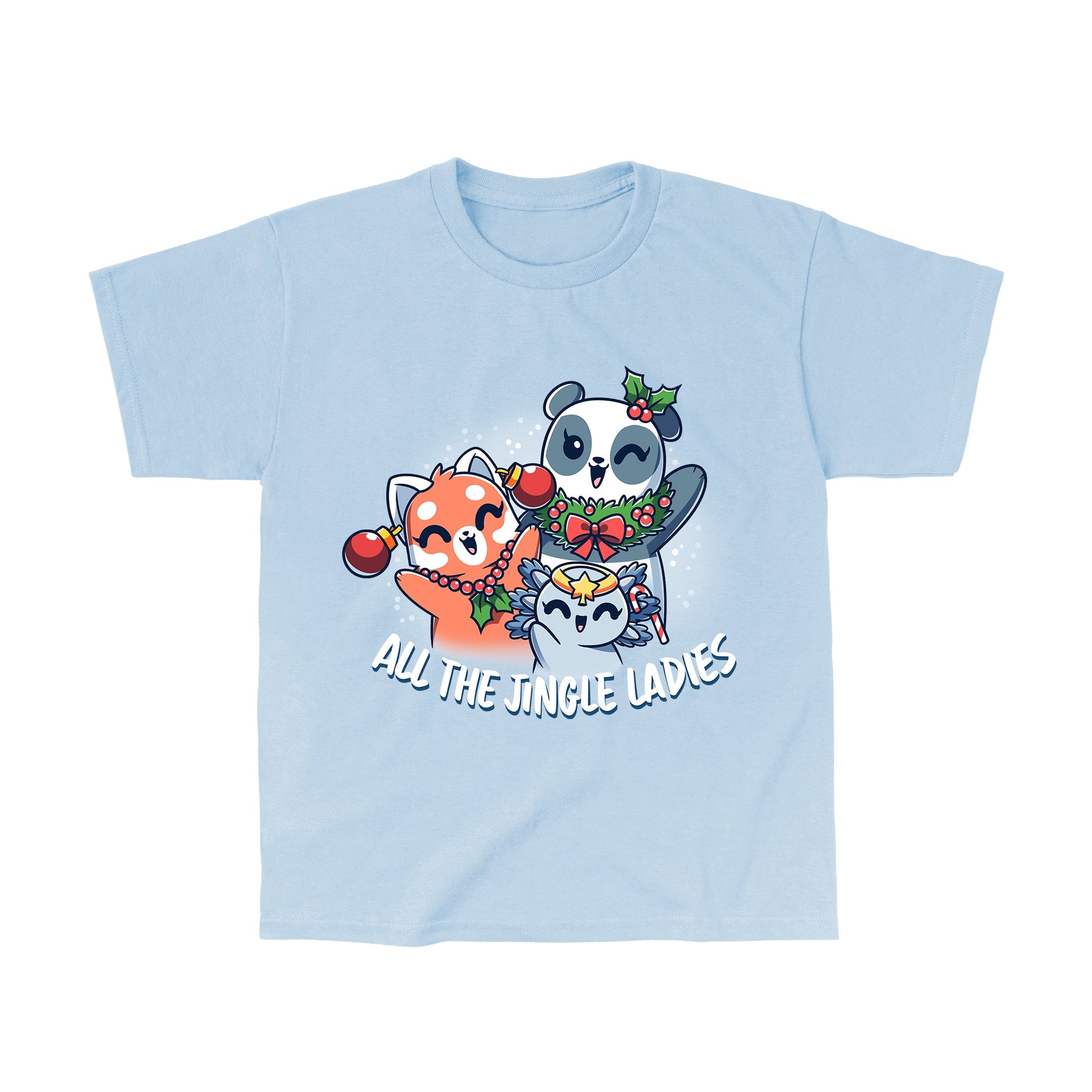 Classic Cotton T-shirt_TeeTurtle light blue All the Jingle Ladies apparel featuring a panda, red panda, and an axolotl wearing Christmas ornaments like jewelry.