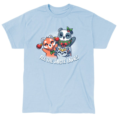 Classic Cotton T-shirt_TeeTurtle light blue All the Jingle Ladies apparel featuring a panda, red panda, and an axolotl wearing Christmas ornaments like jewelry.