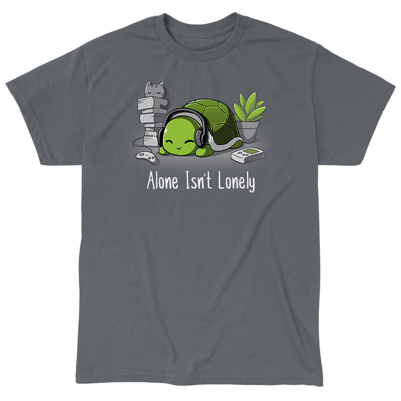 Classic Cotton T-shirt_TeeTurtle Alone Isn't Lonely charcoal gray t-shirt featuring a comfy-looking turtle with headphones laying by a plant, books, a cat, and video game items.