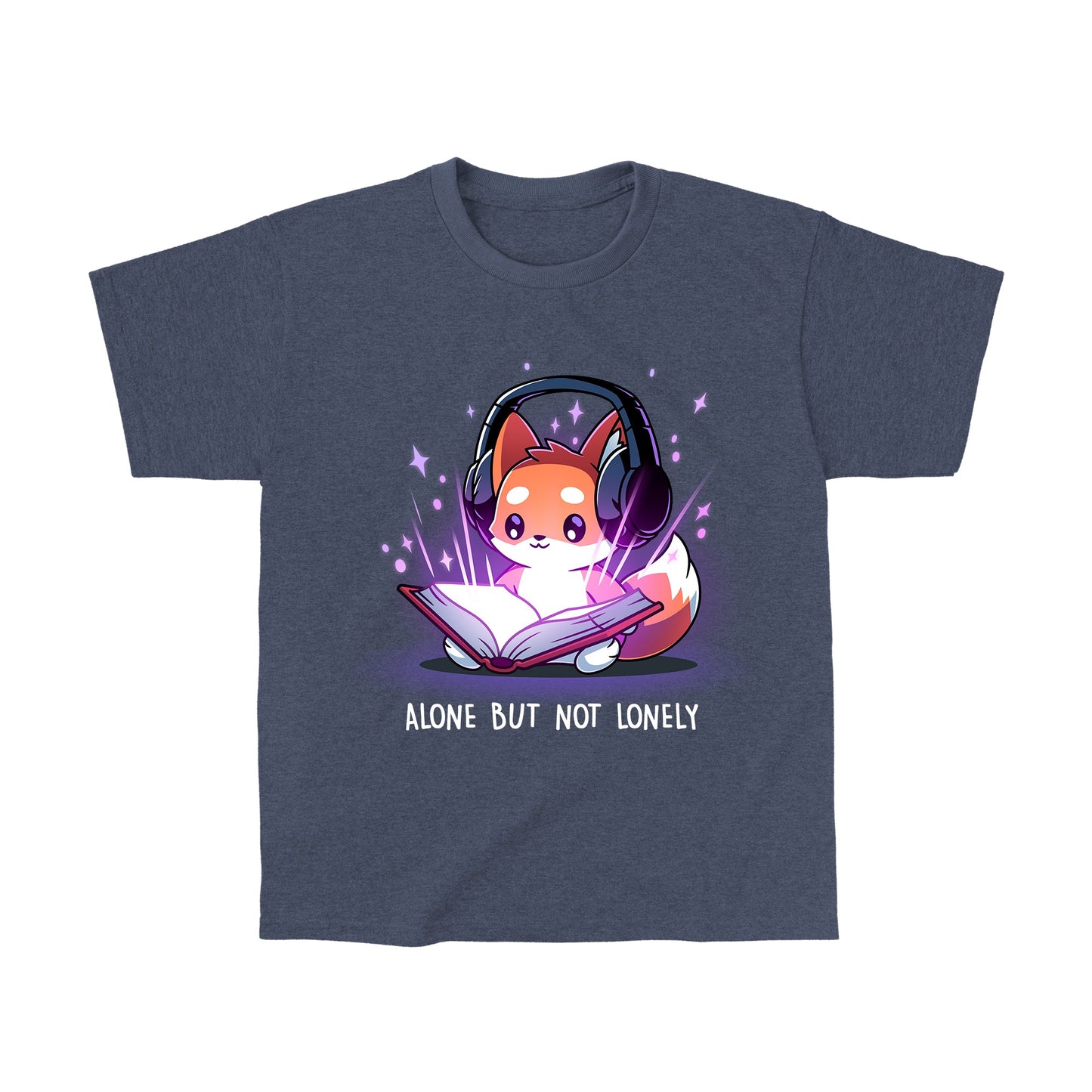 Classic Cotton T-shirt_TeeTurtle heather navy Alone But Not Lonely featuring an introverted fox sitting down with a book and headphones.