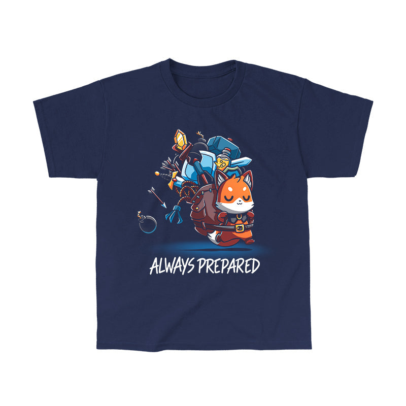 Classic Cotton T-shirt_TeeTurtle Always Prepared navy blue t-shirt featuring a fantasy cartoon fox dressed as an adventurer carrying an oversized backpack filled with weapons and tools.