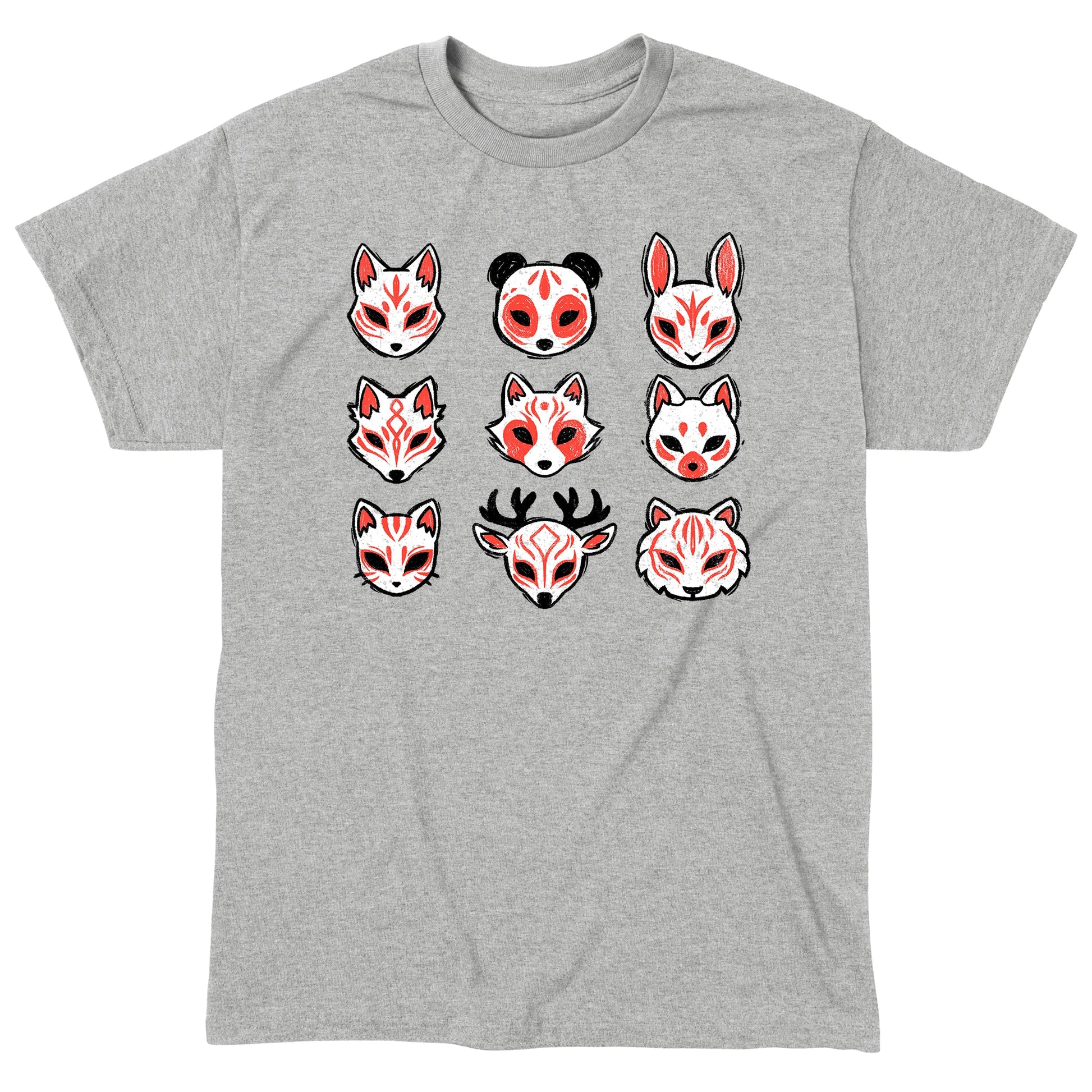 Classic Cotton T-shirt_TeeTurtle Animal Masks heather gray t-shirt featuring nine stylized animal masks, including foxes, a panda, a rabbit, a deer, and a tiger, each featuring red and black markings. 