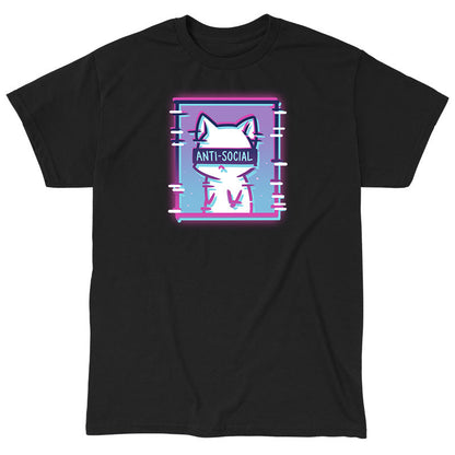 Classic Cotton T-shirt_TeeTurtle Anti-Social Cat black t-shirt featuring a white cat with "ANTI-SOCIAL" written over its eyes inside of a square with a gradient pink and blue background.