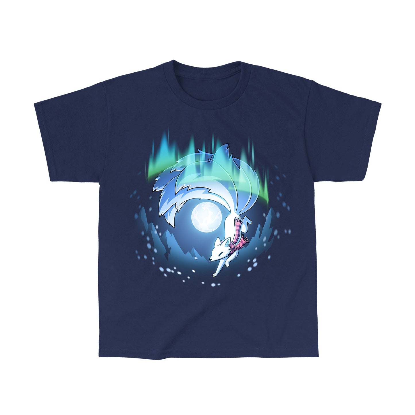 Classic Cotton T-shirt_TeeTurtle navy blue Aurora Kitsune apparel featuring a white kitsune running through the aurora borealis with snowy mountains and a full moon in the background.