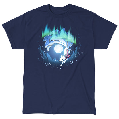 Classic Cotton T-shirt_TeeTurtle navy blue Aurora Kitsune apparel featuring a white kitsune running through the aurora borealis with snowy mountains and a full moon in the background.