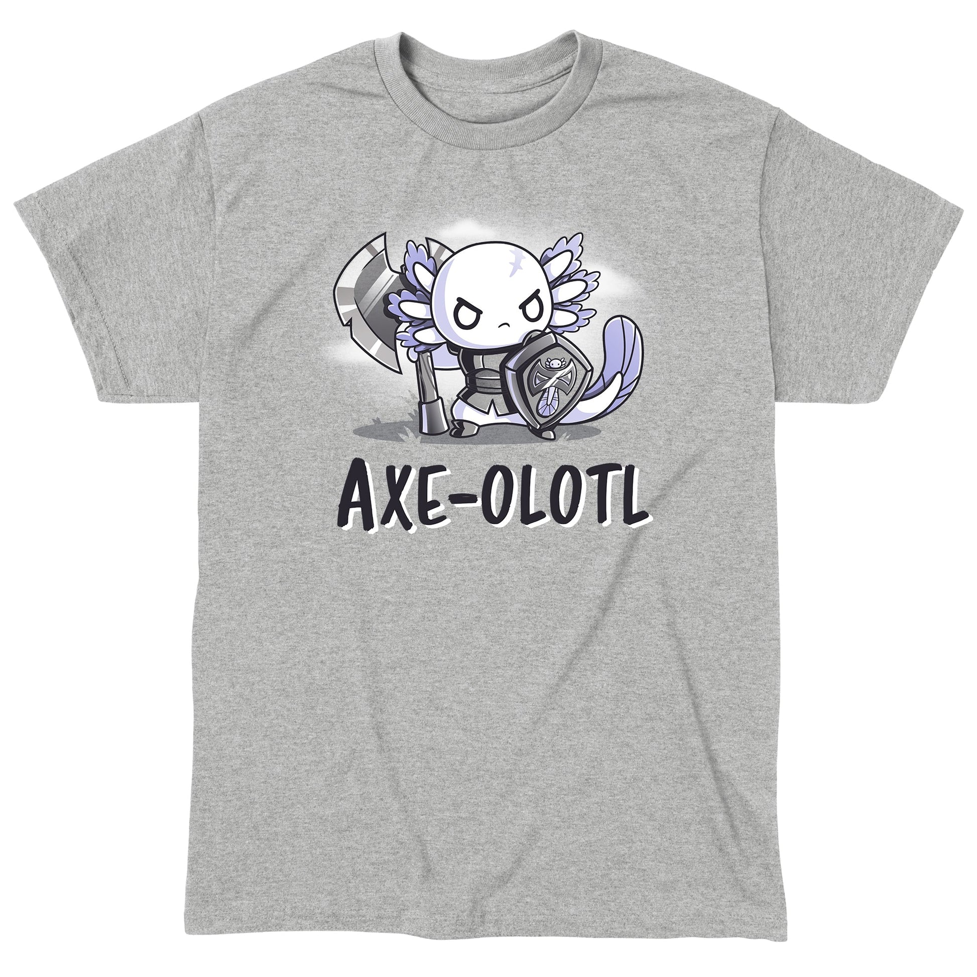 Classic Cotton T-shirt_TeeTurtle heather gray Axe-olotl Warrior featuring a fantasy warrior axolotl.