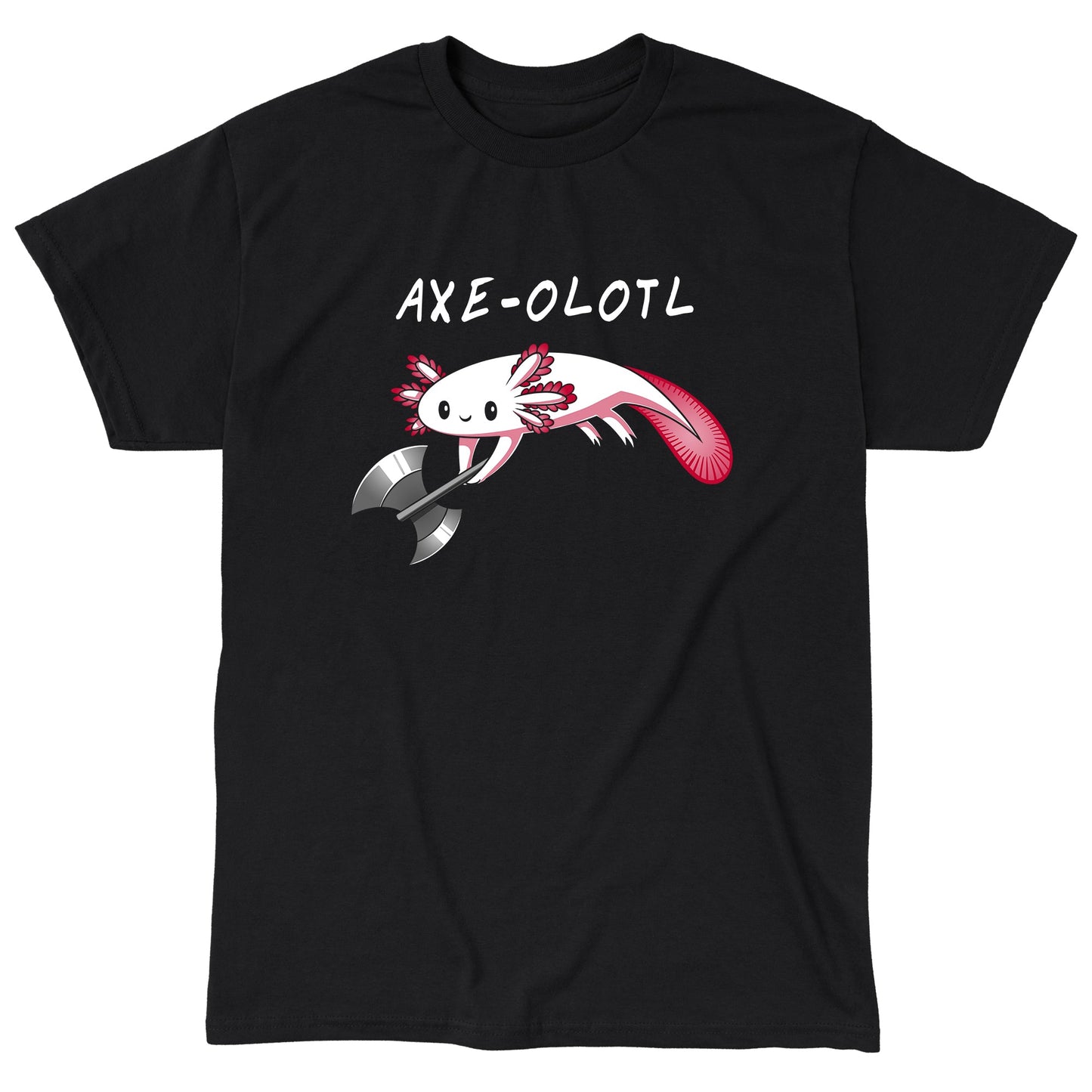 Classic Cotton T-shirt_A drawing of a smiling axolotl holding an axe, with "AXE-OLOTL" written above it. Available on a super soft ringspun cotton Black Unisex apparelfor the ultimate comfort. This Axe-olotl apparel from monsterdigital is perfect for any quirky graphic apparelenthusiast!