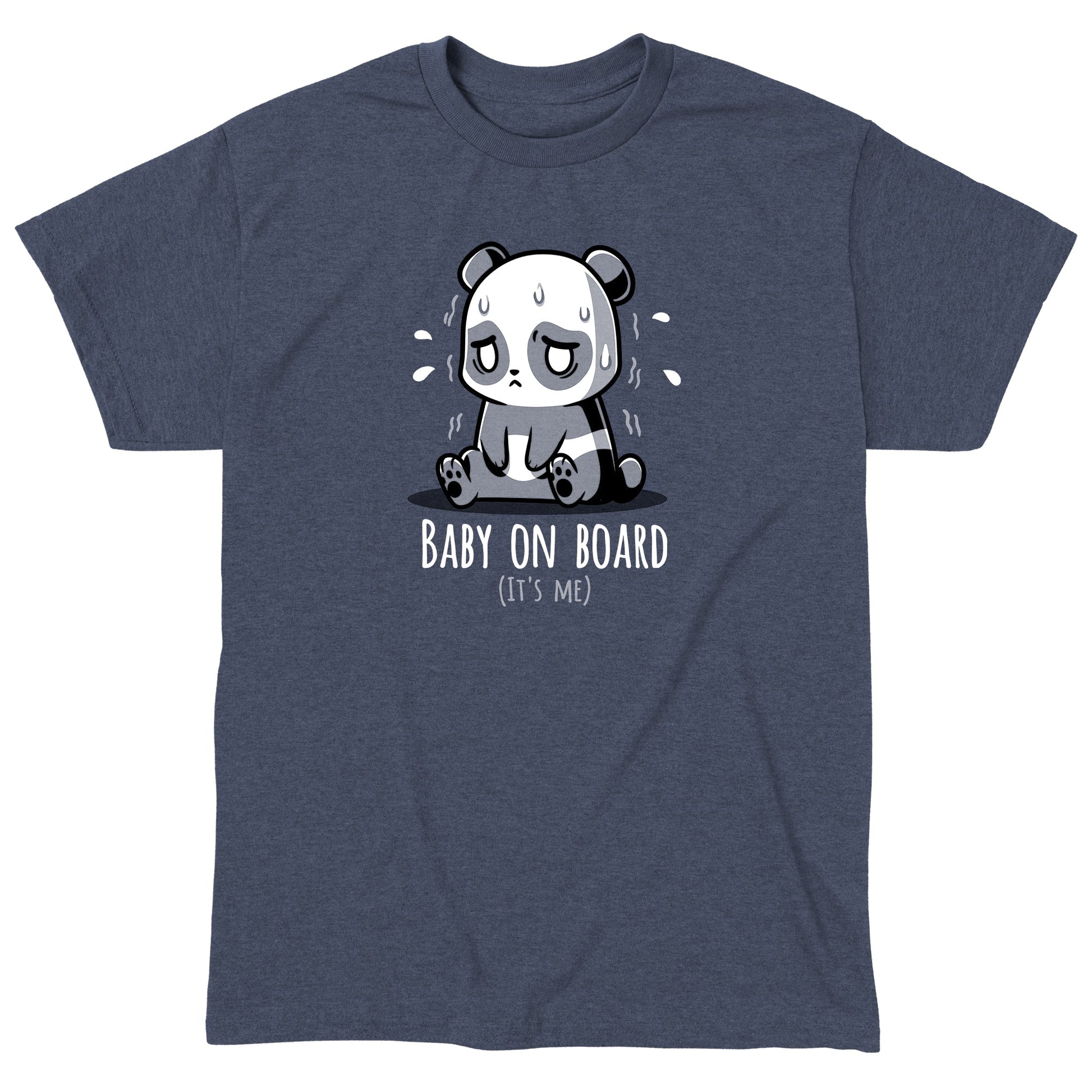 Classic Cotton T-shirt_TeeTurtle heather navy Baby on Board (It's Me) featuring an anxious panda sitting down.