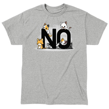 Classic Cotton T-shirt_TeeTurtle Bad Cattitude heather gray t-shirt featuring a group of six cats with grumpy faces. Large black letters spell out "NO."