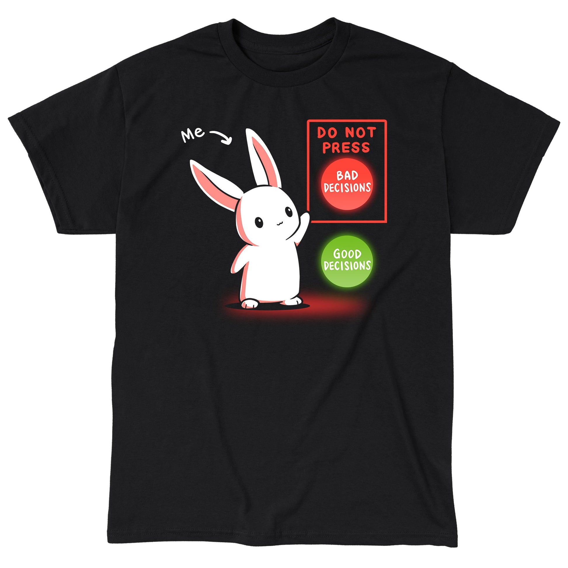 Classic Cotton T-shirt_TeeTurtle Bad Decision Bunny black t-shirt featuring a bunny with an arrow that says "me." The bunny is pointing to a red button labeled "DO NOT PRESS. BAD DECISIONS" next to a green button labeled "GOOD DECISIONS."