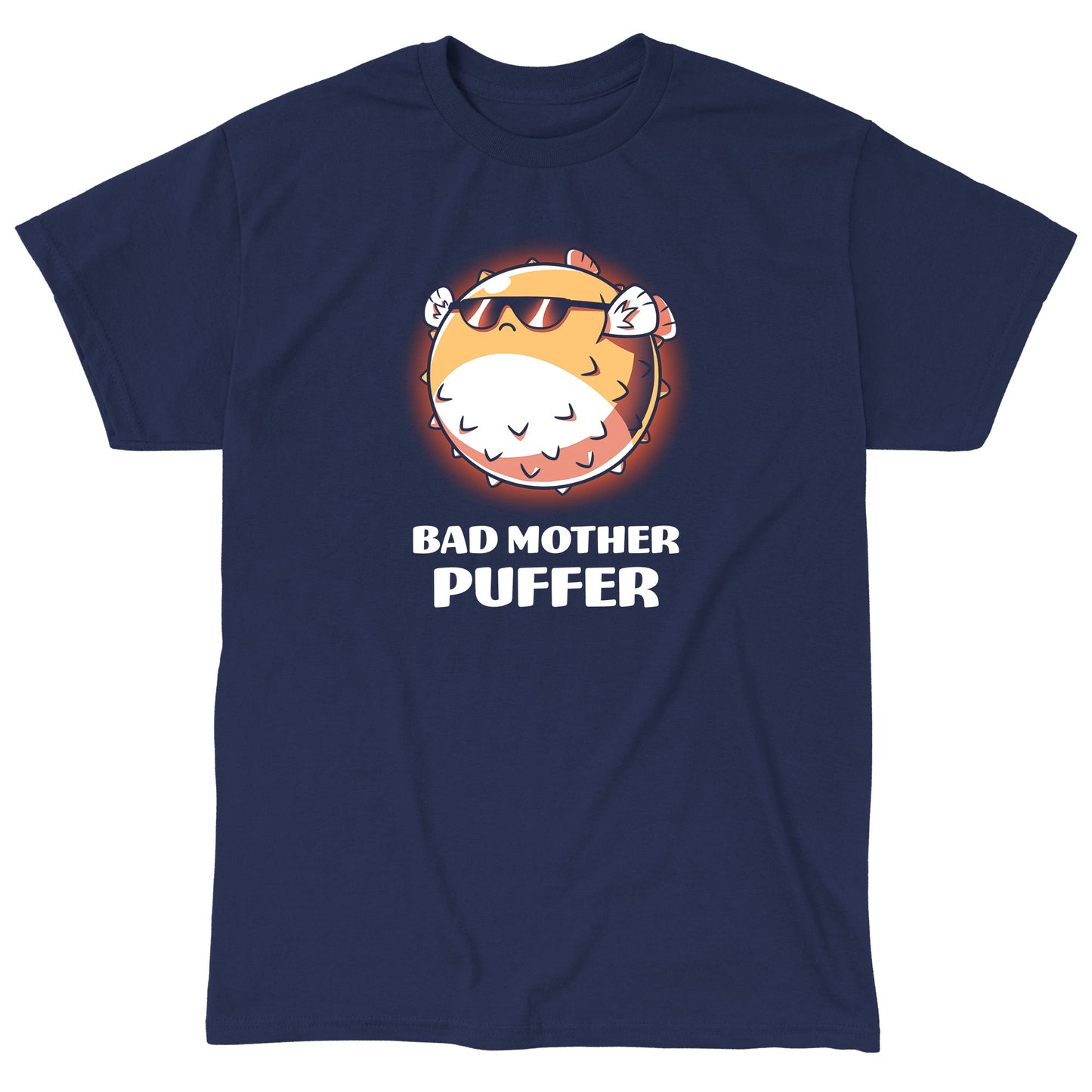 Classic Cotton T-shirt_TeeTurtle Bad Mother Puffer navy blue t-shirt featuring a pufferfish wearing sunglasses.