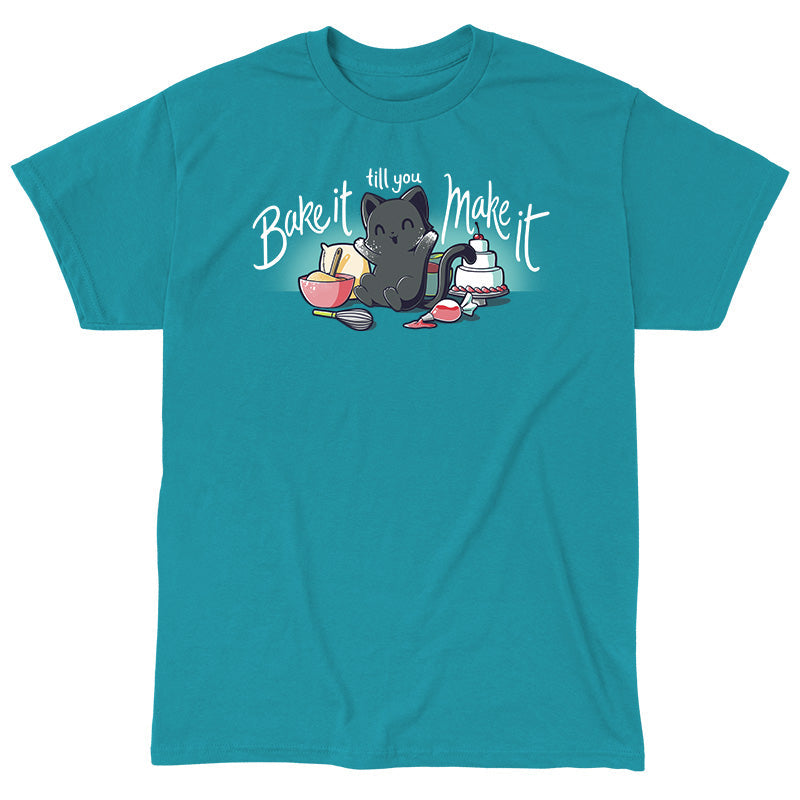 Classic Cotton T-shirt_TeeTurtle Bake It Till You Make It tropical blue t-shirt featuring a black cat with baking ingredients and tools, including bowls, a whisk, a piping bag, and a cake. The text reads "bake it till you make it."