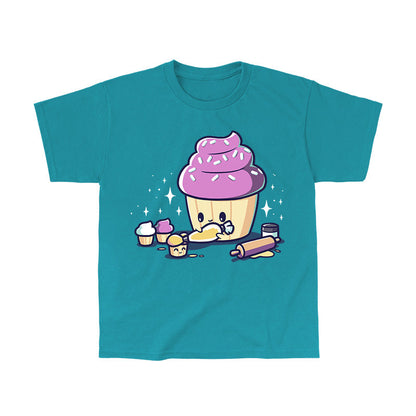 Classic Cotton T-shirt_TeeTurtle Strong as a Mother tropical blue t-shirt featuring a big cartoon-styled cupcake putting icing on smaller cupcakes.