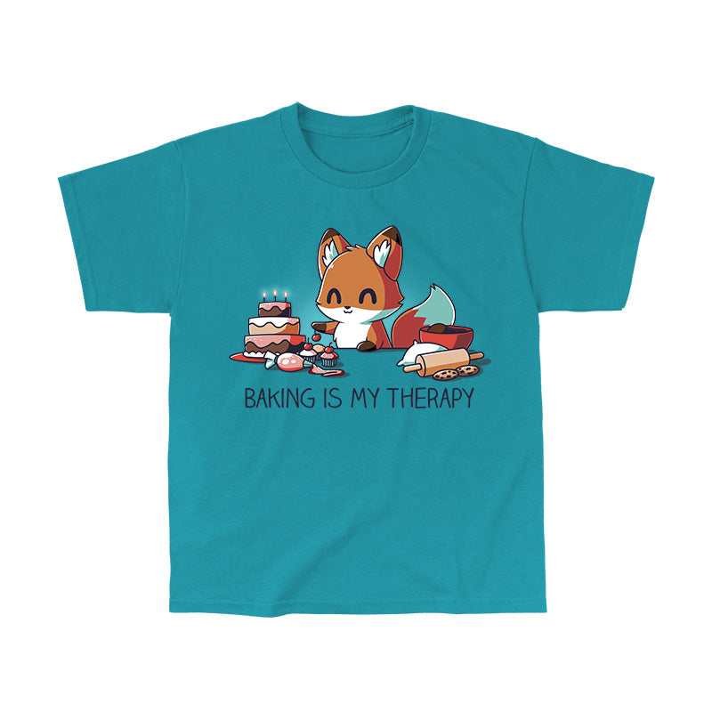 Classic Cotton T-shirt_TeeTurtle Baking Is My Therapy tropical blue t-shirt featuring a happy little fox surrounded by baking supplies, cookies and a cake. The fox is about to put a cherry on a freshly baked cupcake.