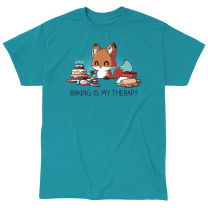 Classic Cotton T-shirt_TeeTurtle Baking Is My Therapy tropical blue t-shirt featuring a happy little fox surrounded by baking supplies, cookies and a cake. The fox is about to put a cherry on a freshly baked cupcake.