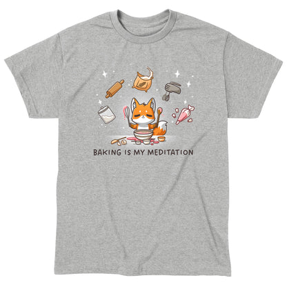 Classic Cotton T-shirt_TeeTurtle heather gray Baking Is My Meditation t-shirt featuring a peaceful fox in front of a bowl of batter holding baking tools with other baking tools floating around it in an arc.