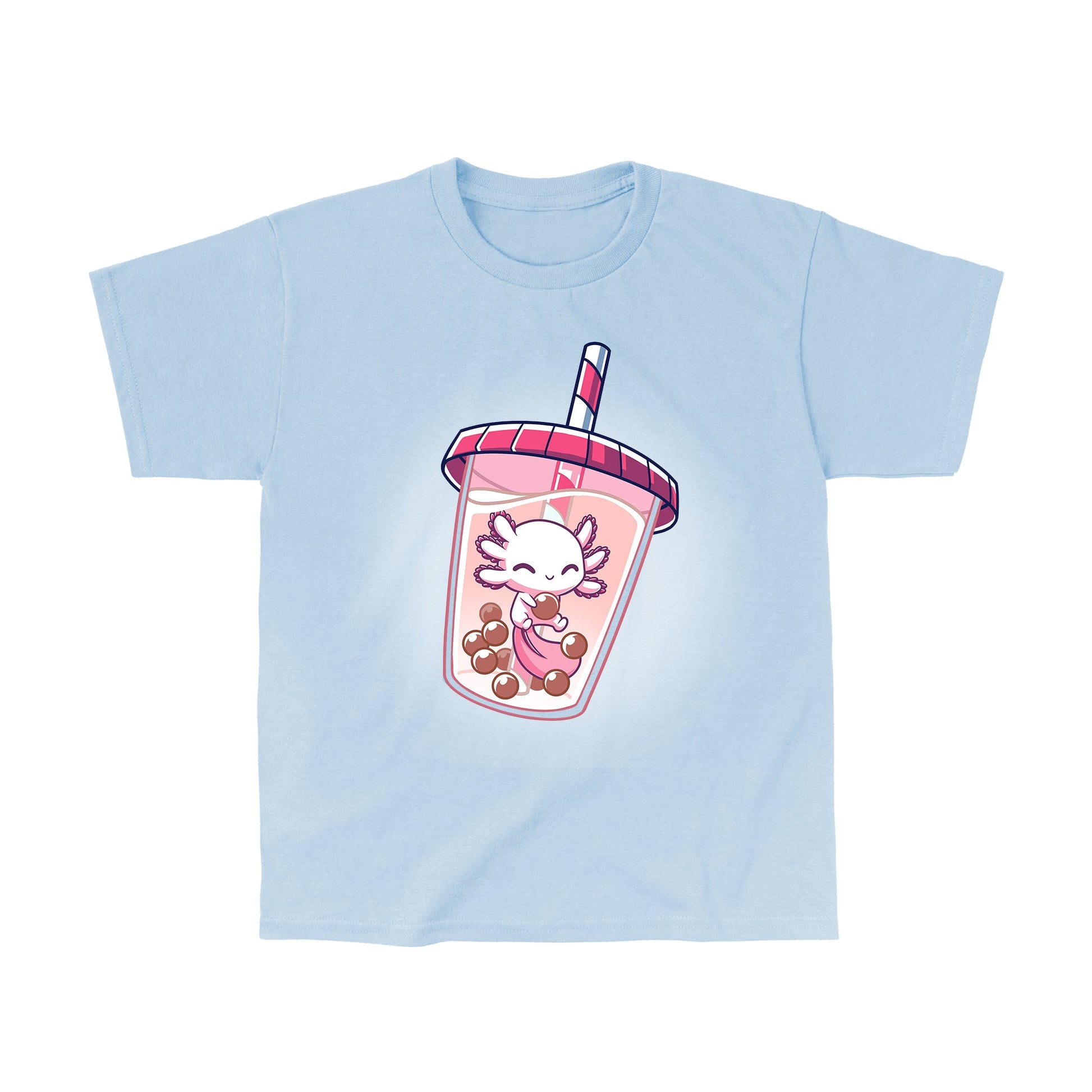 Classic Cotton T-shirt_TeeTurtle Boba Axolotl light blue t-shirt featuring an illustration of a white axolotl with a pink-shaded tail fin looking happy swimming amidst a cluster of brown tapioca pearls inside a boba drink with a pink lid on the cup and pink and white straw in the cup.