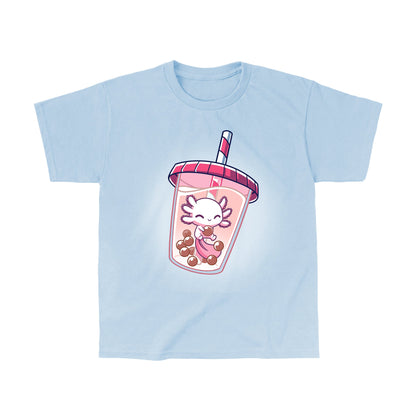 Classic Cotton T-shirt_TeeTurtle Boba Axolotl light blue t-shirt featuring an illustration of a white axolotl with a pink-shaded tail fin looking happy swimming amidst a cluster of brown tapioca pearls inside a boba drink with a pink lid on the cup and pink and white straw in the cup.