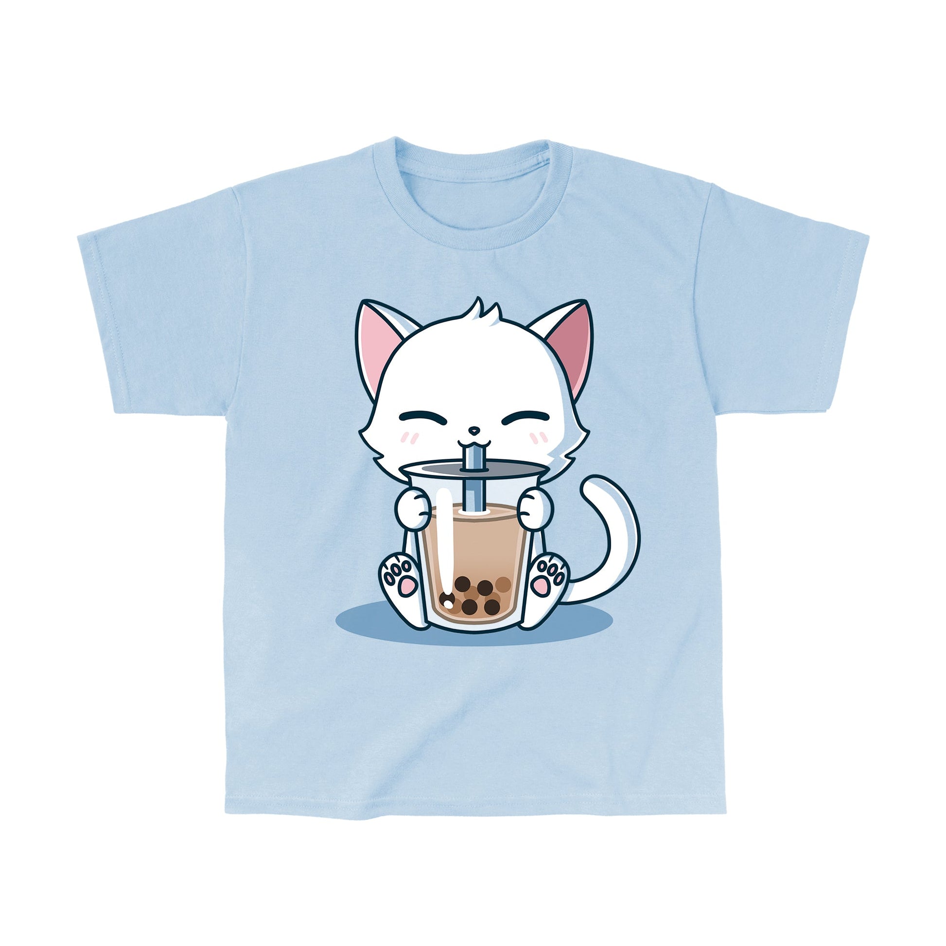 Classic Cotton T-shirt_TeeTurtle Boba Cat light blue t-shirt featuring a white cat contently sipping a brown boba drink. 