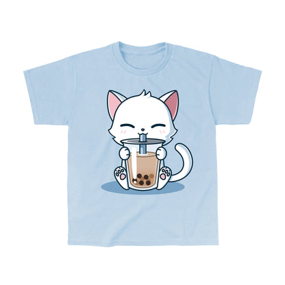 Classic Cotton T-shirt_TeeTurtle Boba Cat light blue t-shirt featuring a white cat contently sipping a brown boba drink. 