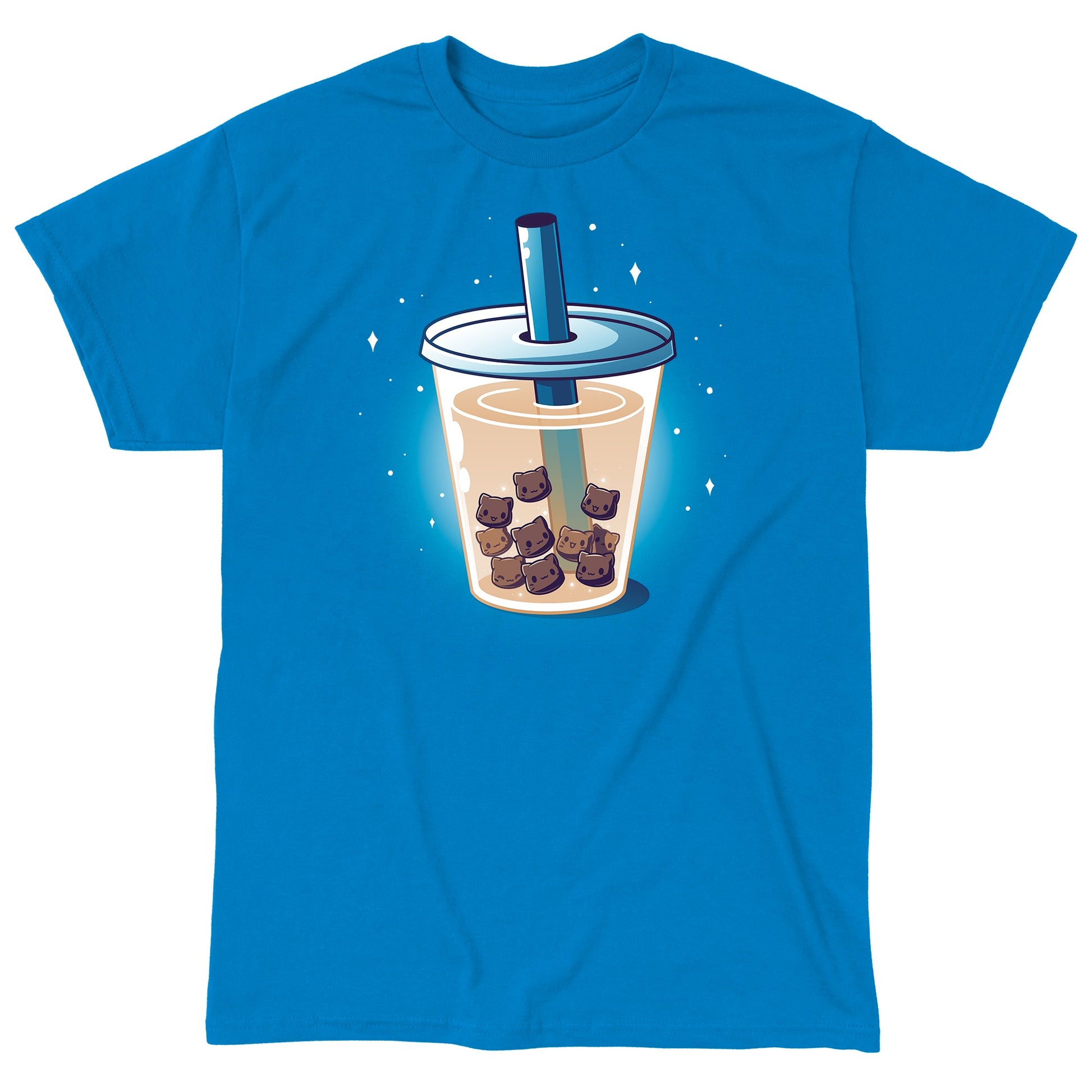 Classic Cotton T-shirt_Teeturtle Boba Kitties sapphire blue t-shirt featuring a cup of Boba Tea but with the Boba Pearls replaced with cute little cartoon kitten heads.