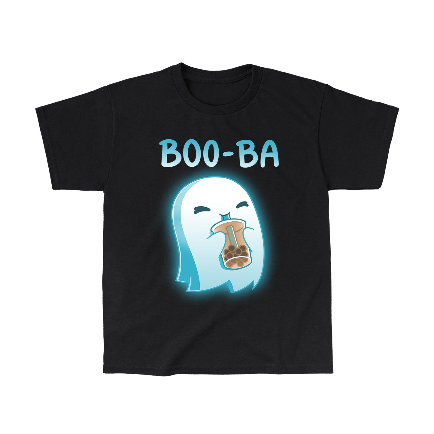 Classic Cotton T-shirt_TeeTurtle Boo-ba black t-shirt featuring a cheerful ghost sipping a boba drink.