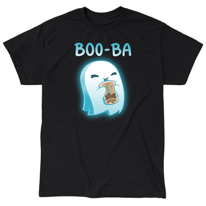 Classic Cotton T-shirt_TeeTurtle Boo-ba black t-shirt featuring a cheerful ghost sipping a boba drink.