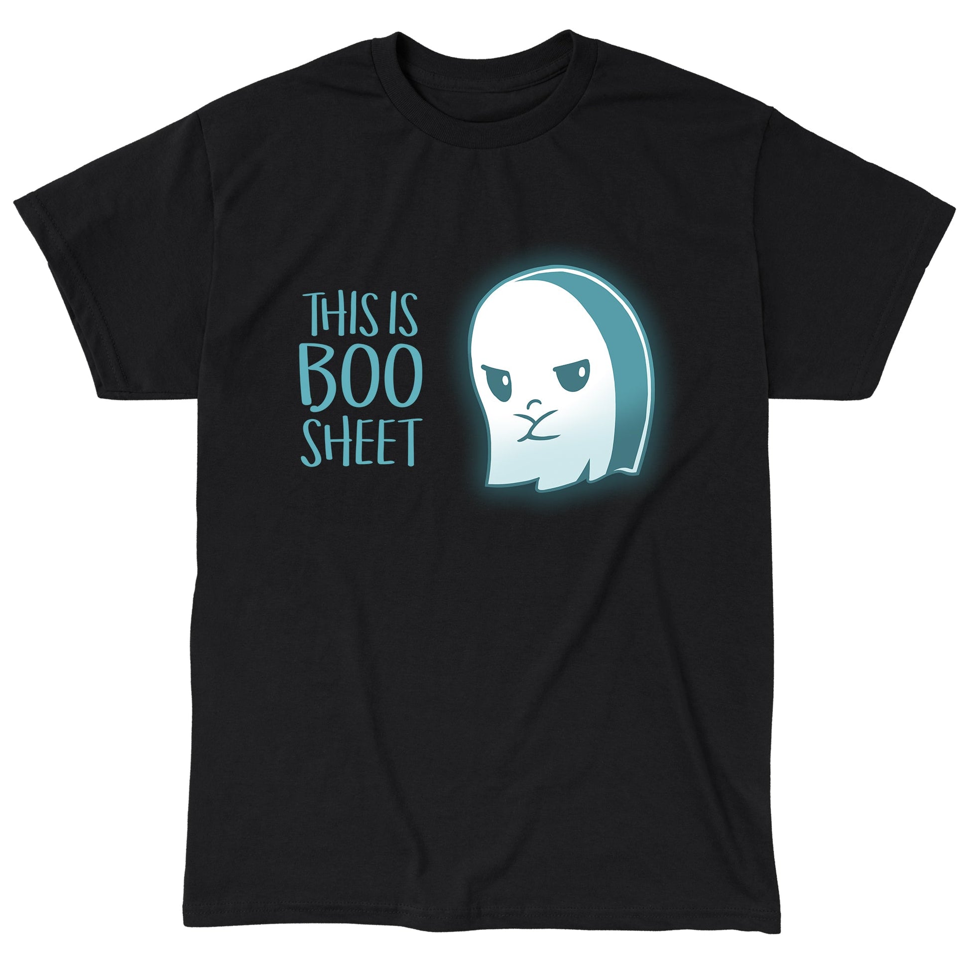 Classic Cotton T-shirt_TeeTurtle black Boo Sheet. Featuring a grumpy ghost saying, "This is Boo Sheet".