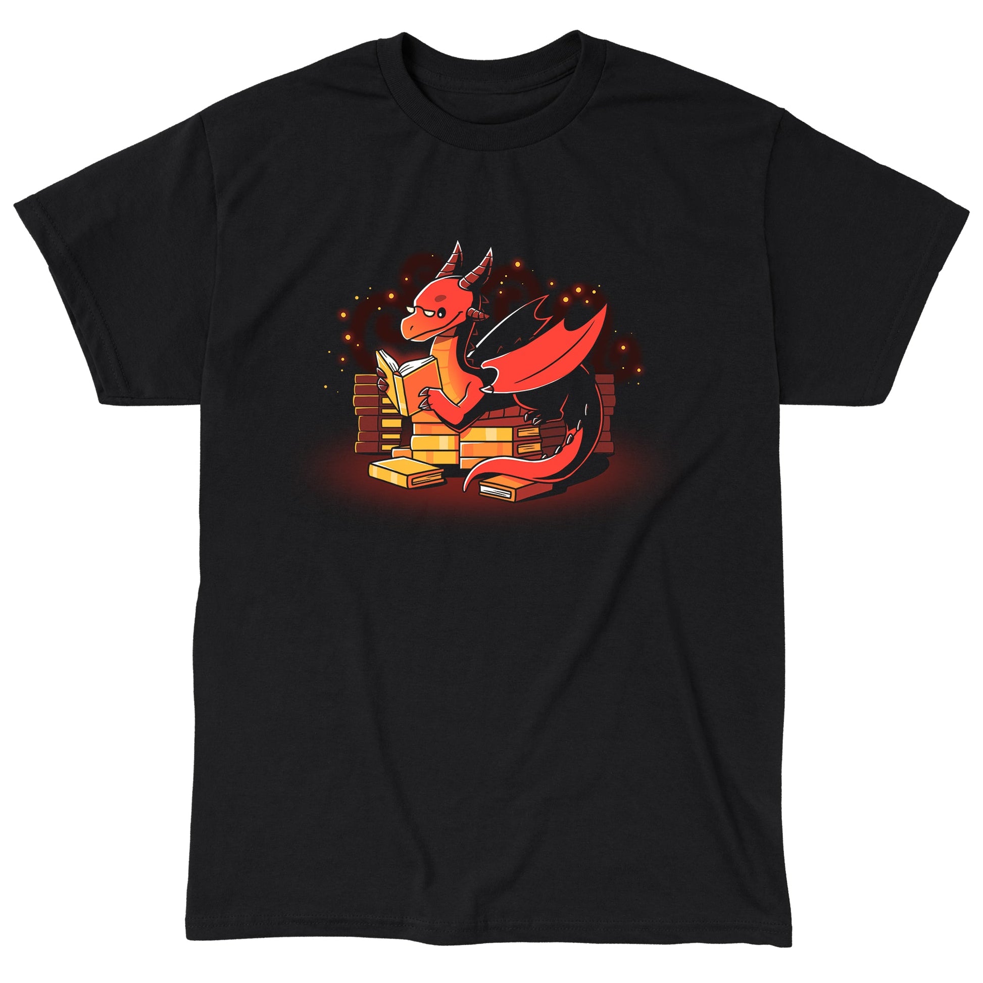 Classic Cotton T-shirt _TeeTurtle Book Hoarder black t-shirt featuring a red dragon with horns and wings, reading a book while sitting among piles of books against a dark background with glowing embers.