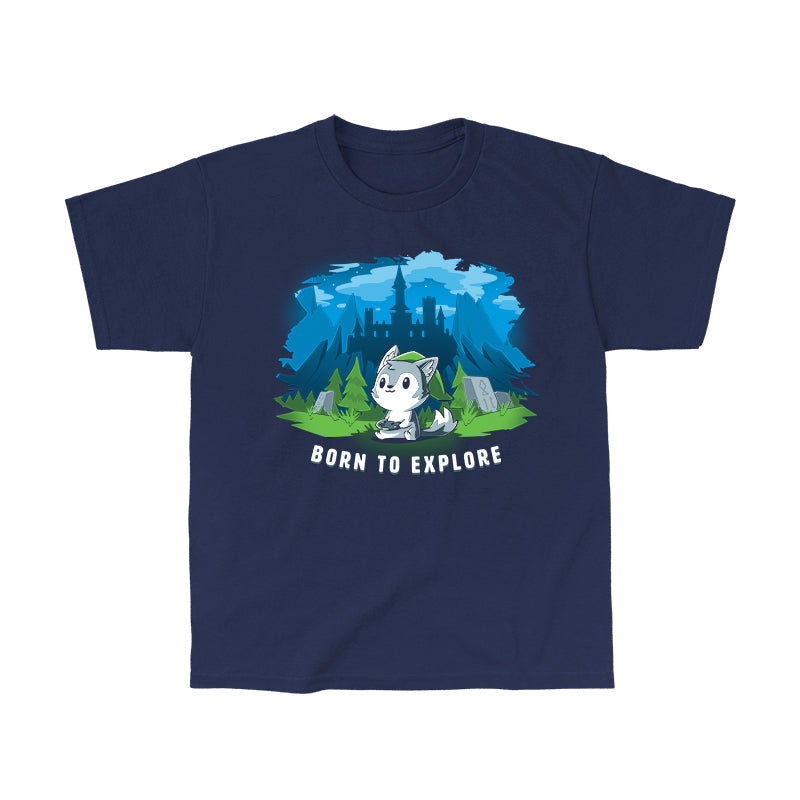 Classic Cotton T-shirt_TeeTurtle navy blue Born to Explore. Featuring a wolf in a video game cosplay outfit playing a video game with a fantasy background.