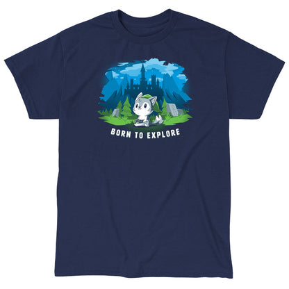 Classic Cotton T-shirt_TeeTurtle navy blue Born to Explore. Featuring a wolf in a video game cosplay outfit playing a video game with a fantasy background.