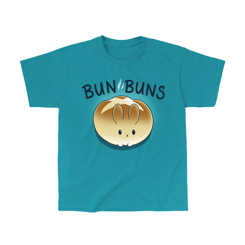 Classic Cotton T-shirt_TeeTurtle Bun Buns tropical blue t-shirt featuring a round, golden-brown bread bun with a cute bunny face and ears, set against a teal background with the text "BUN BUNS" above it.