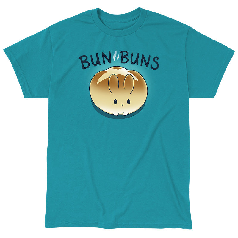 Classic Cotton T-shirt_TeeTurtle Bun Buns tropical blue t-shirt featuring a round, golden-brown bread bun with a cute bunny face and ears, set against a teal background with the text "BUN BUNS" above it.