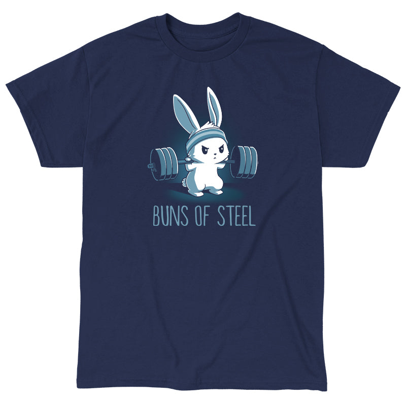 Classic Cotton T-shirt_Illustration of a determined cartoon bunny wearing a headband and lifting a heavy barbell, with the caption "Buns of Steel" below. Printed on a super soft ringspun cotton navy blue apparel, the Buns of Steel by monsterdigital.