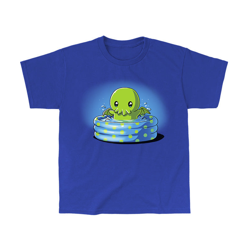 Classic Cotton T-shirt_TeeTurtle royal blue Call of the Kiddie Pool. Featuring a chibi Cthulhu in a blue kidde pool with green polka dots.