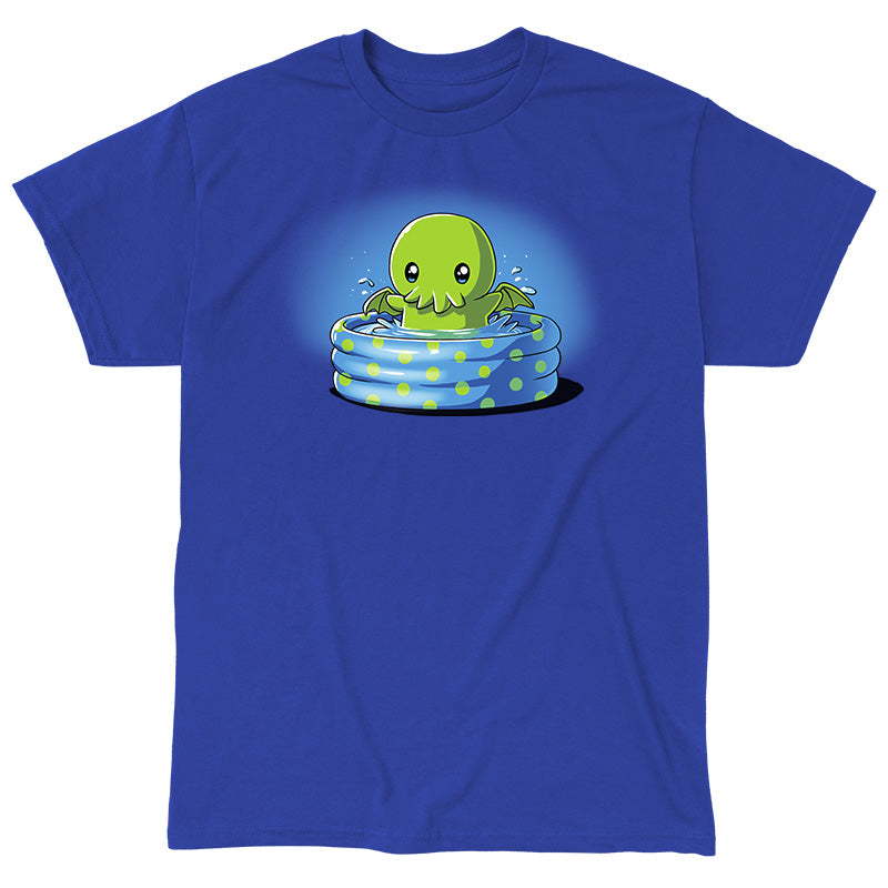 Classic Cotton T-shirt_TeeTurtle royal blue Call of the Kiddie Pool. Featuring a chibi Cthulhu in a blue kidde pool with green polka dots.